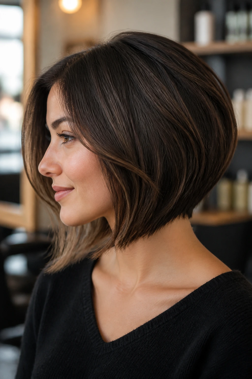 Close-up portrait of a real woman with a graduated lob showing stacked nape in window-lit salon