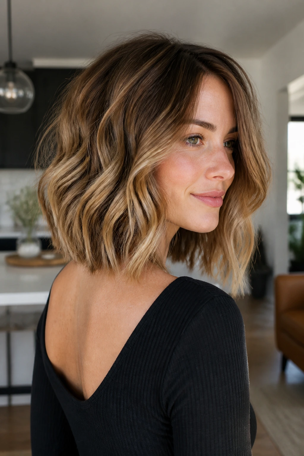 Close-up portrait of a real woman with The Graduated Lob showing fuller back and longer front waves