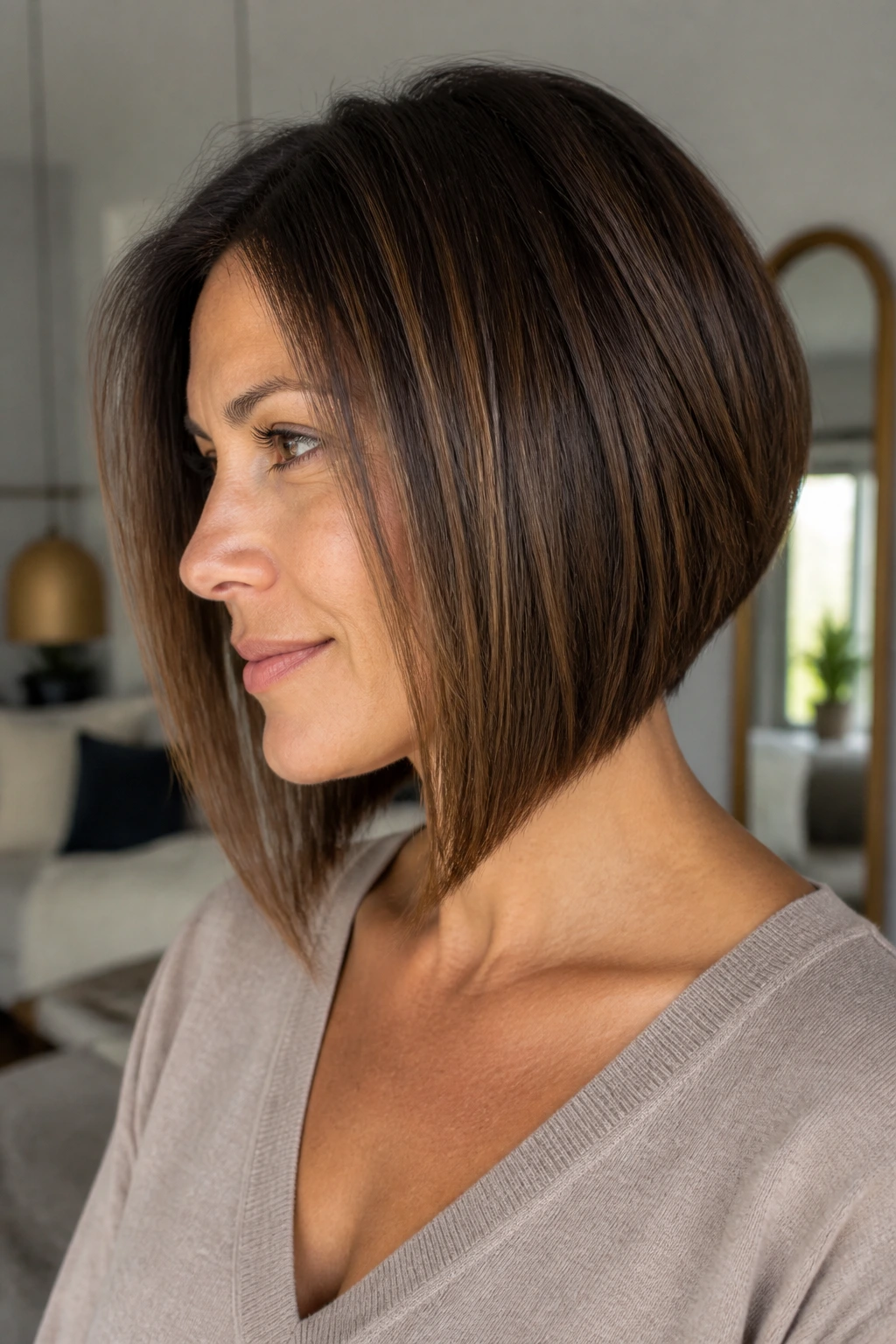 Close-up of a real woman with a graduated midi bob in a stylish indoor setting