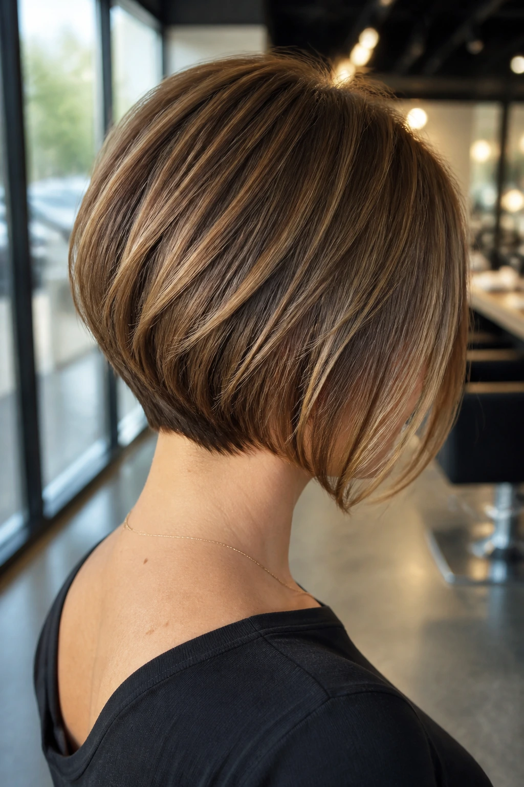 Rear three-quarter view of a woman with a graduated nape bob in a salon