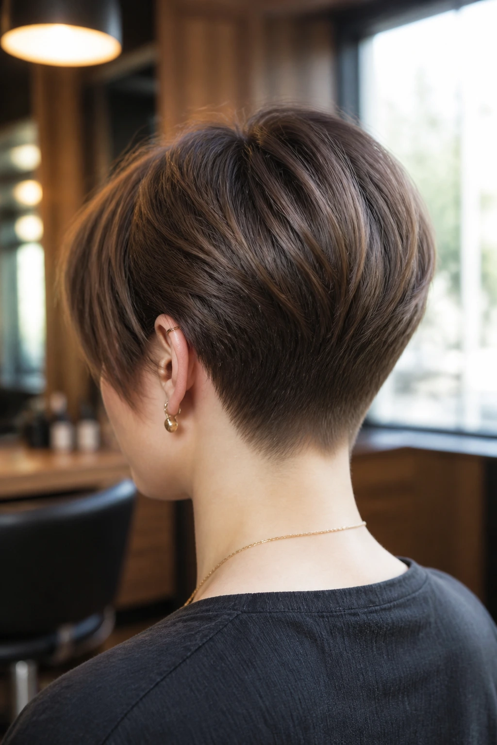 Close-up of a real person’s nape with graduated layers in a salon.