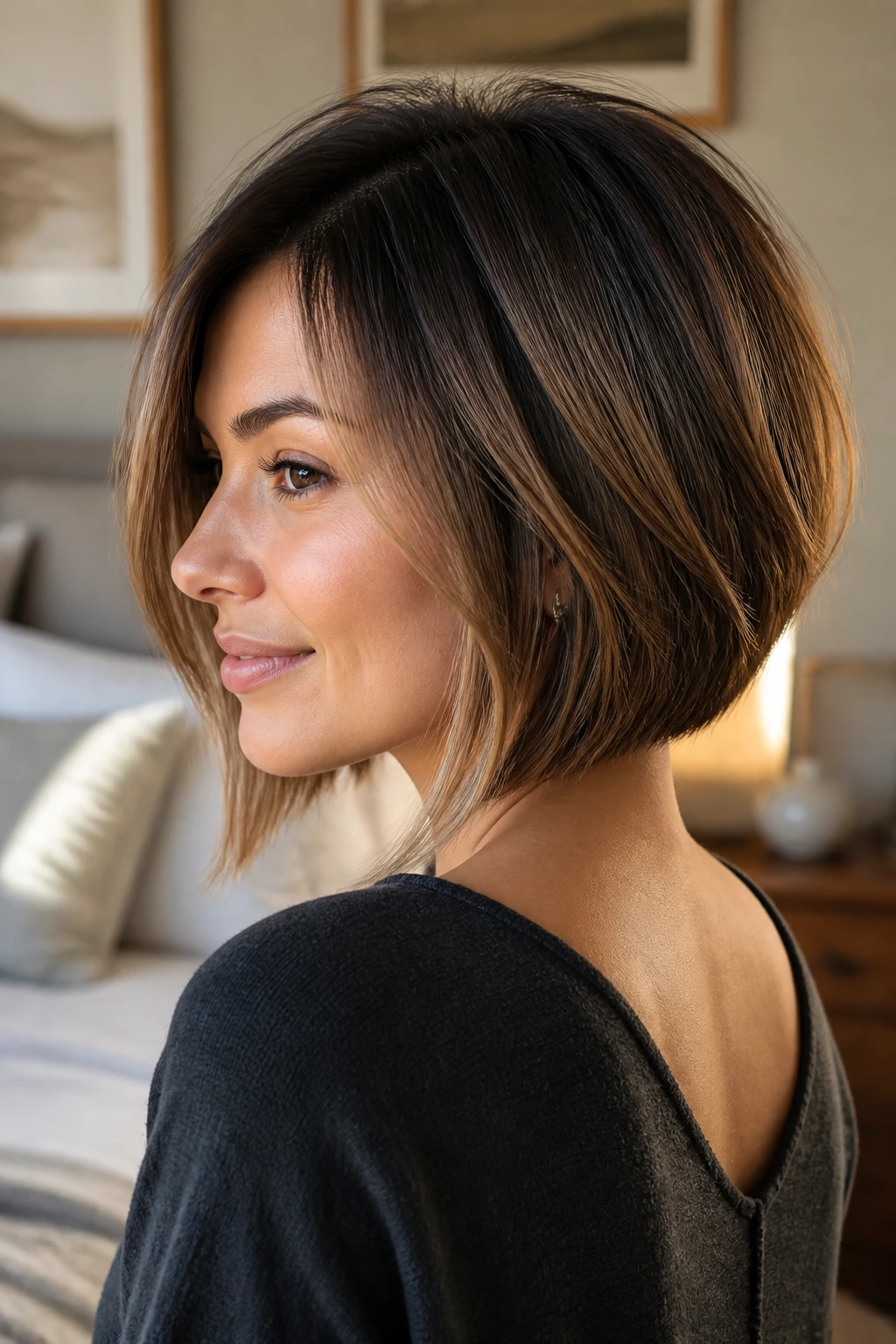Close-up portrait of a real woman with a softly graduated nape lob, hair framing the neck.