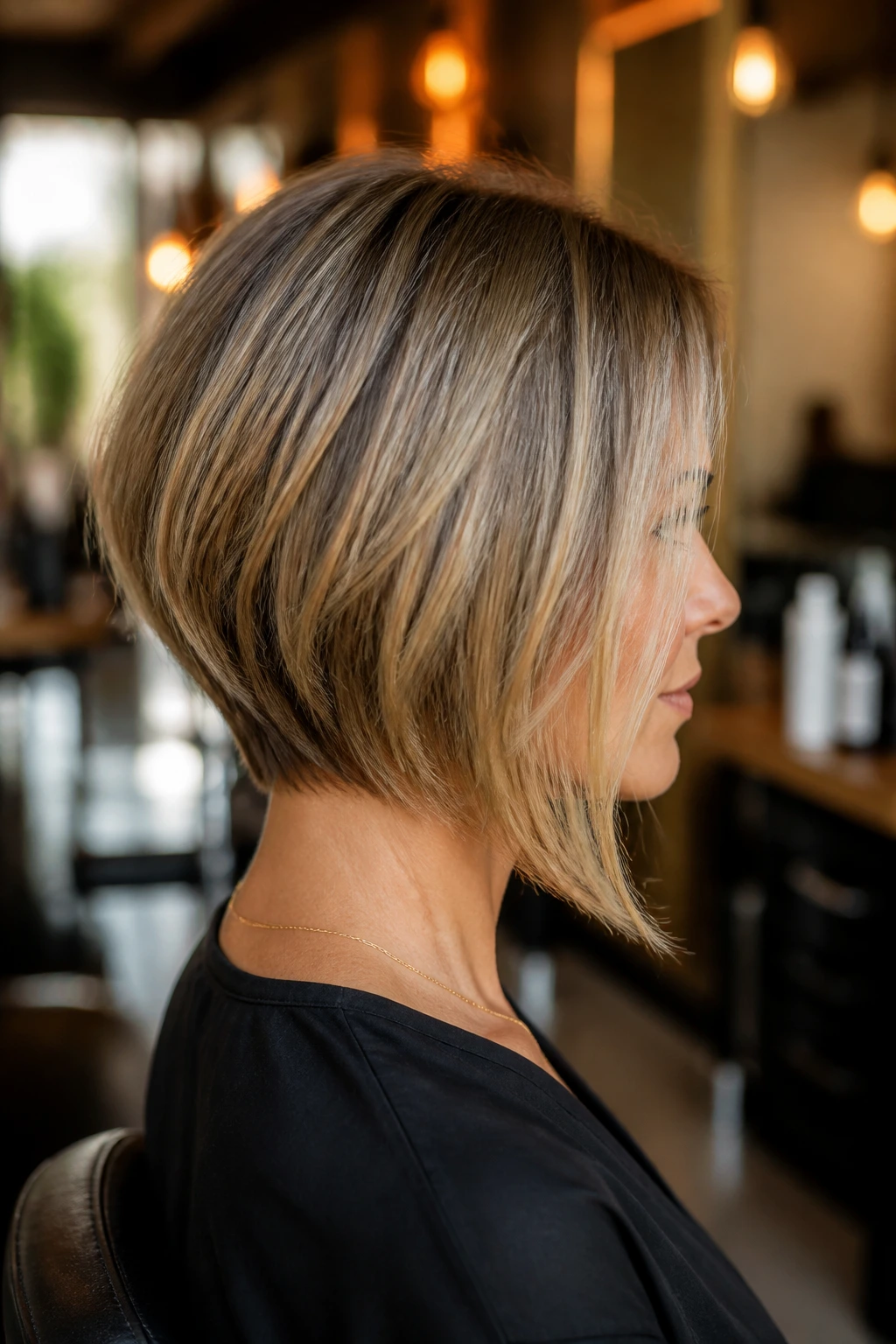 Side-profile of a real woman showing a graduated nape lob with back stack and front length.