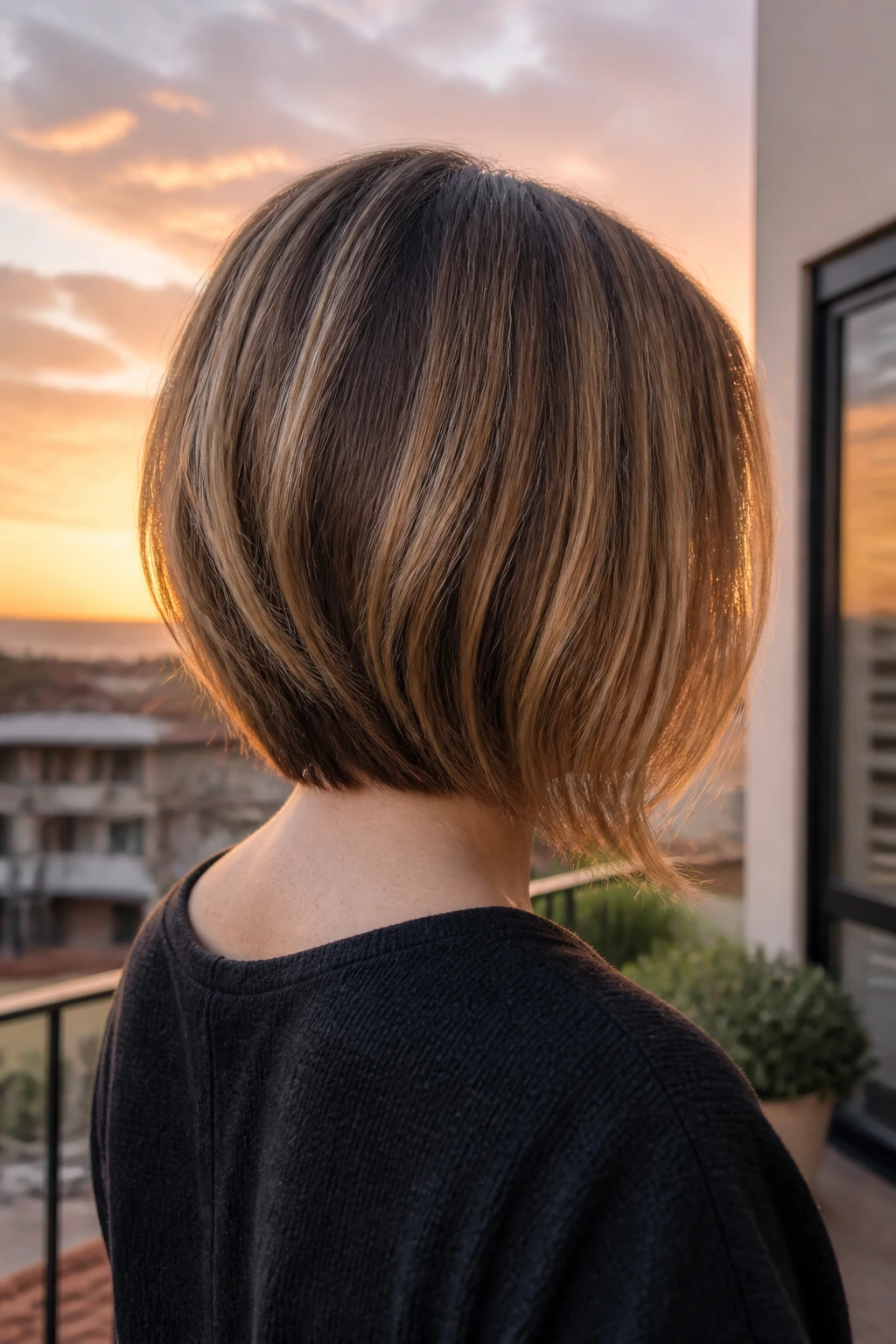 Rear three-quarter view of graduated nape lob on a real woman