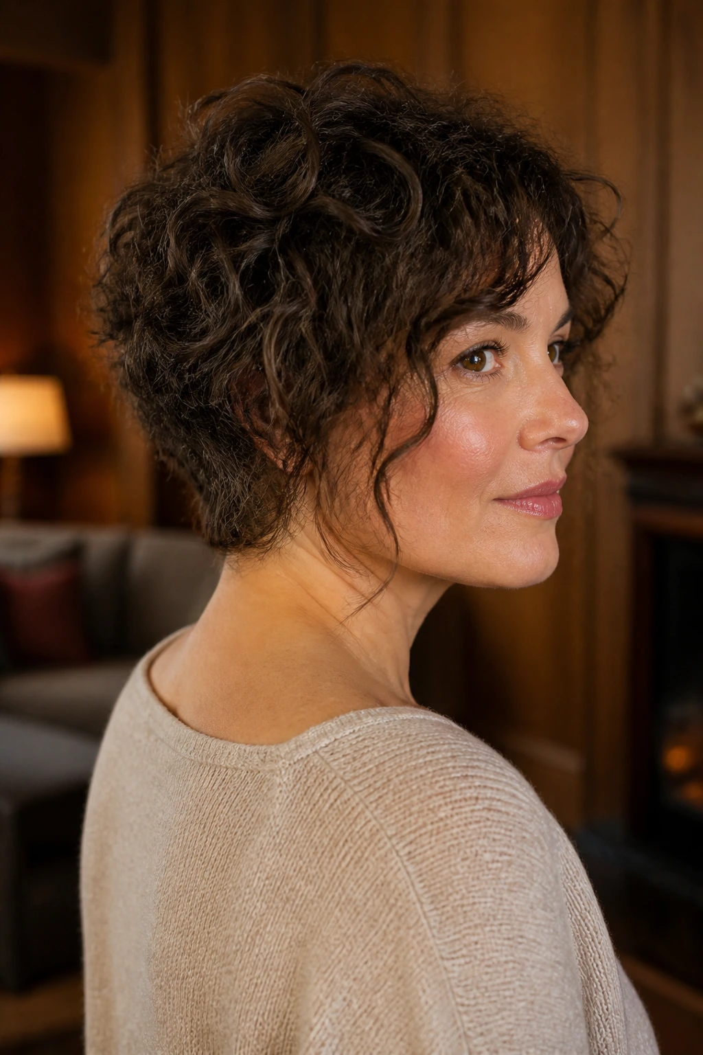 Close-up of real woman with graduated neck shag showing nape-to-front length