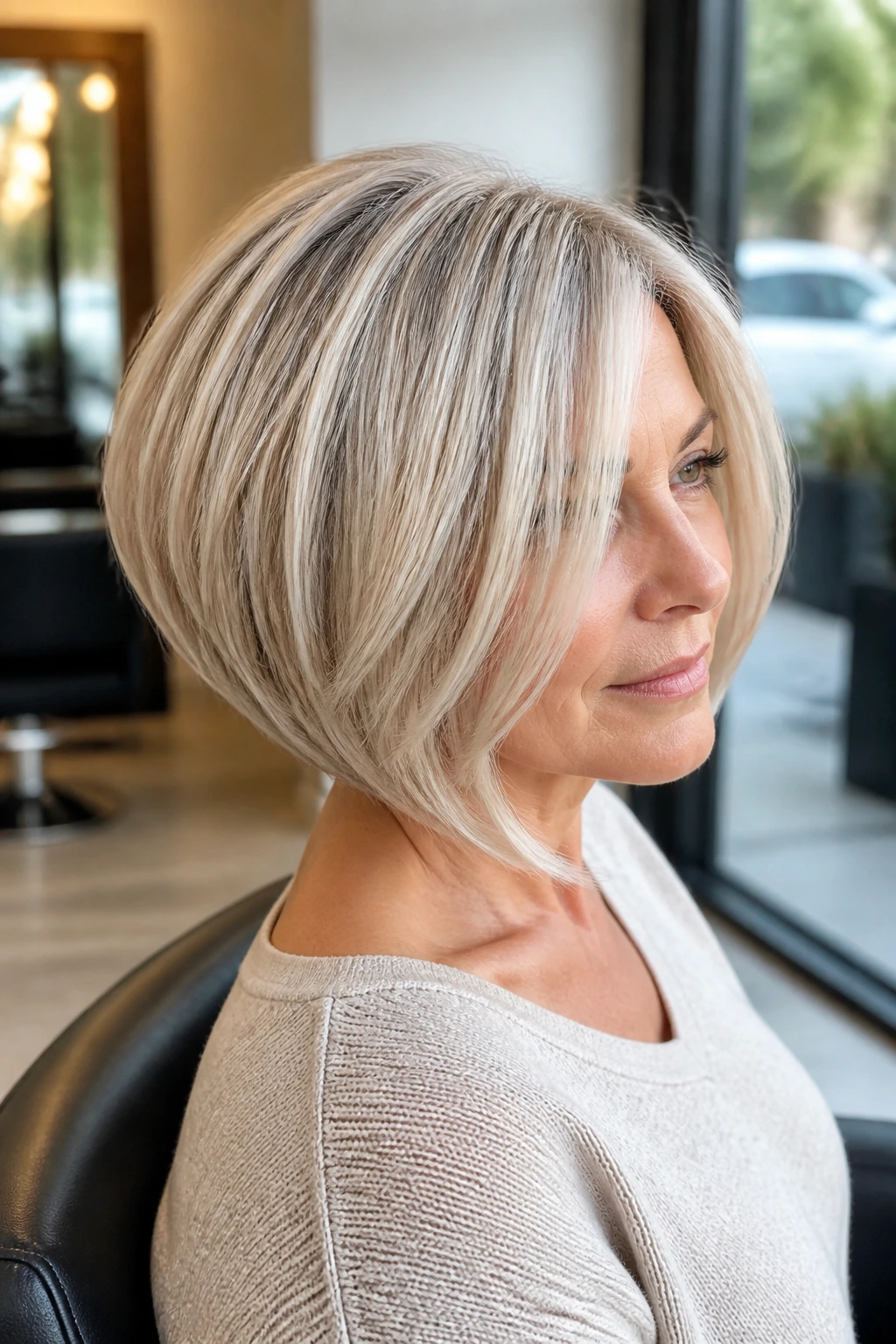 Close-up of a real woman with a graduated pearl bob in salon light
