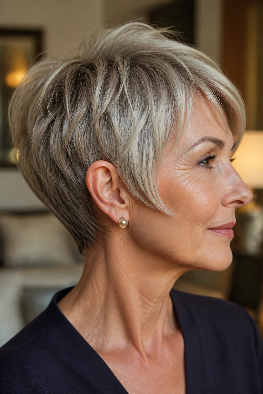 Close-up portrait of a real woman wearing a graduated pixie bob with longer front