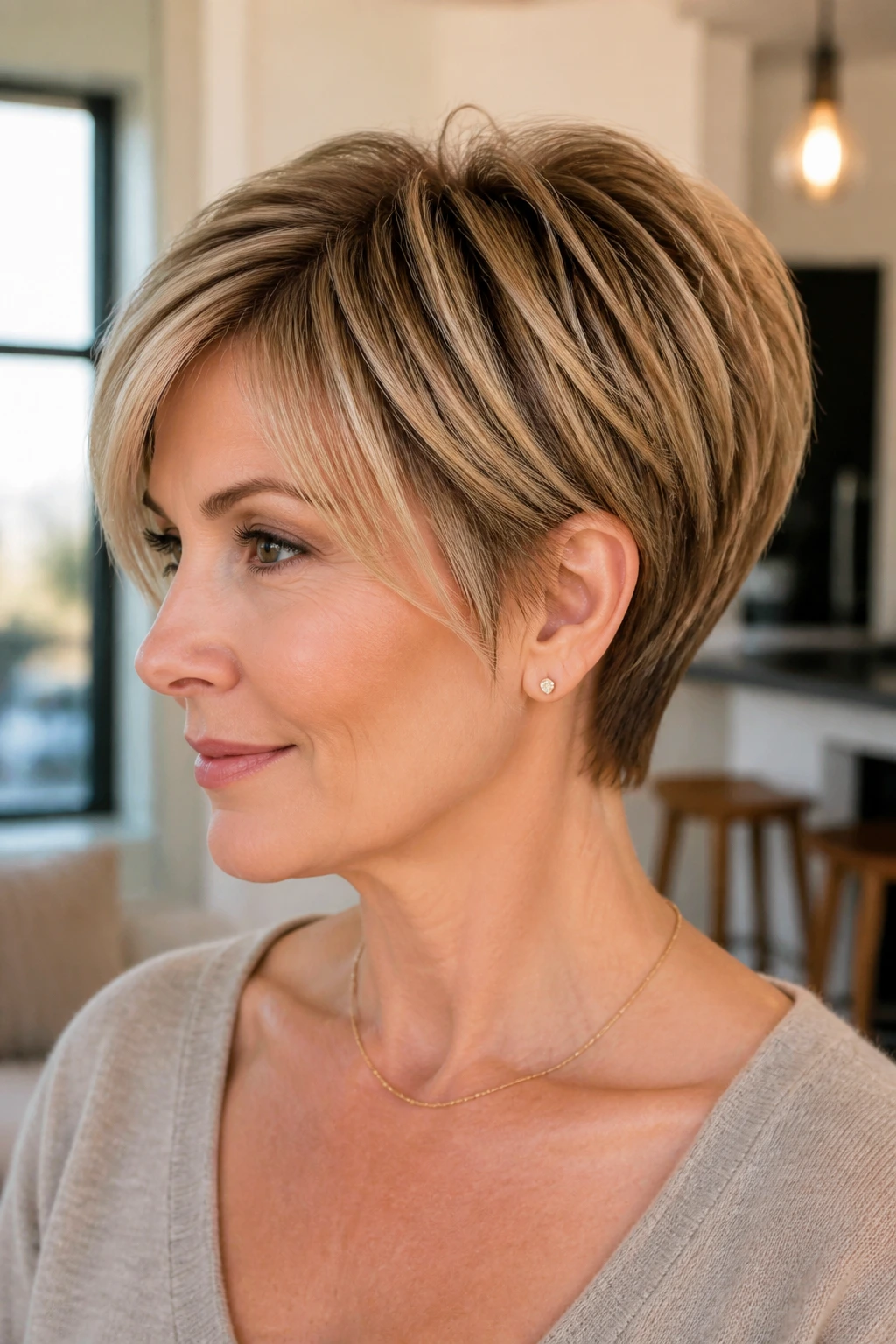 Graduated pixie bob on a real woman with lifted crown and back layers.