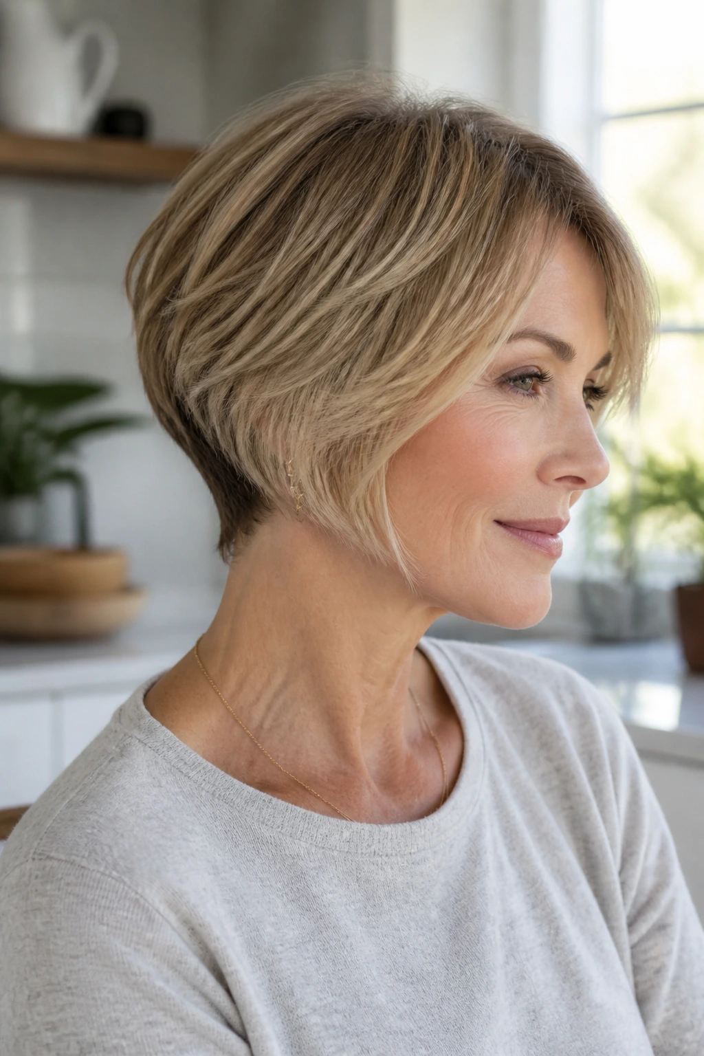Close-up of a real woman with a graduated pixie bob showing stacked back for fullness.