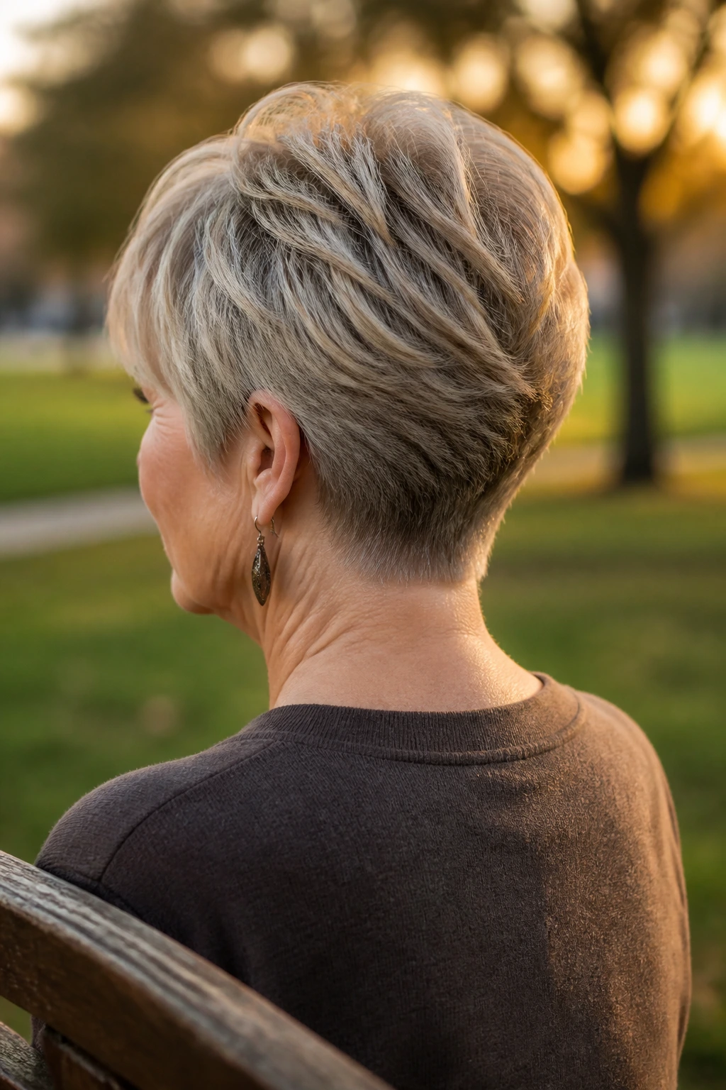 Back view of a real woman showing graduated wedge and nape taper