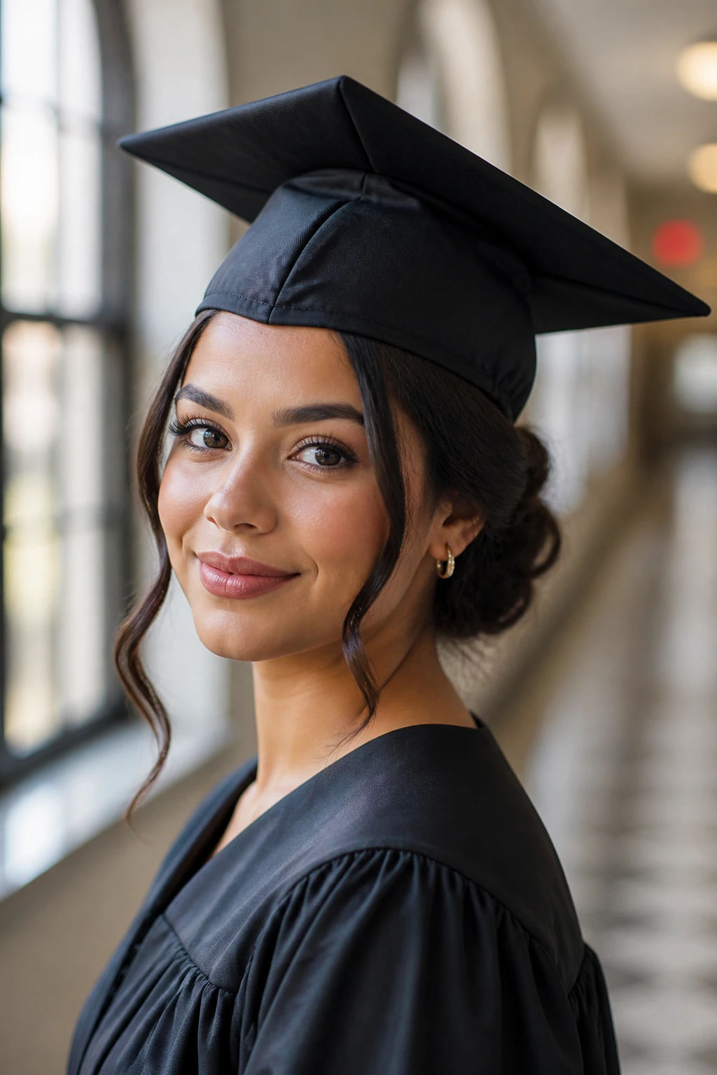 Close-up portrait of a graduate with a polished cap-friendly hairstyle under a mortarboard