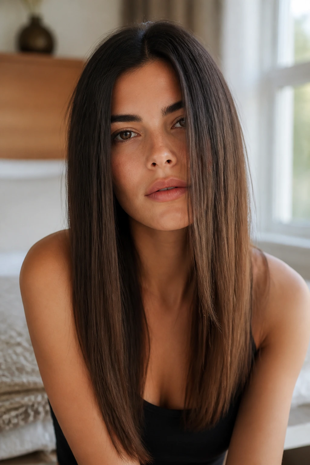 Portrait of a real person with a clean long-cut hairstyle in natural light