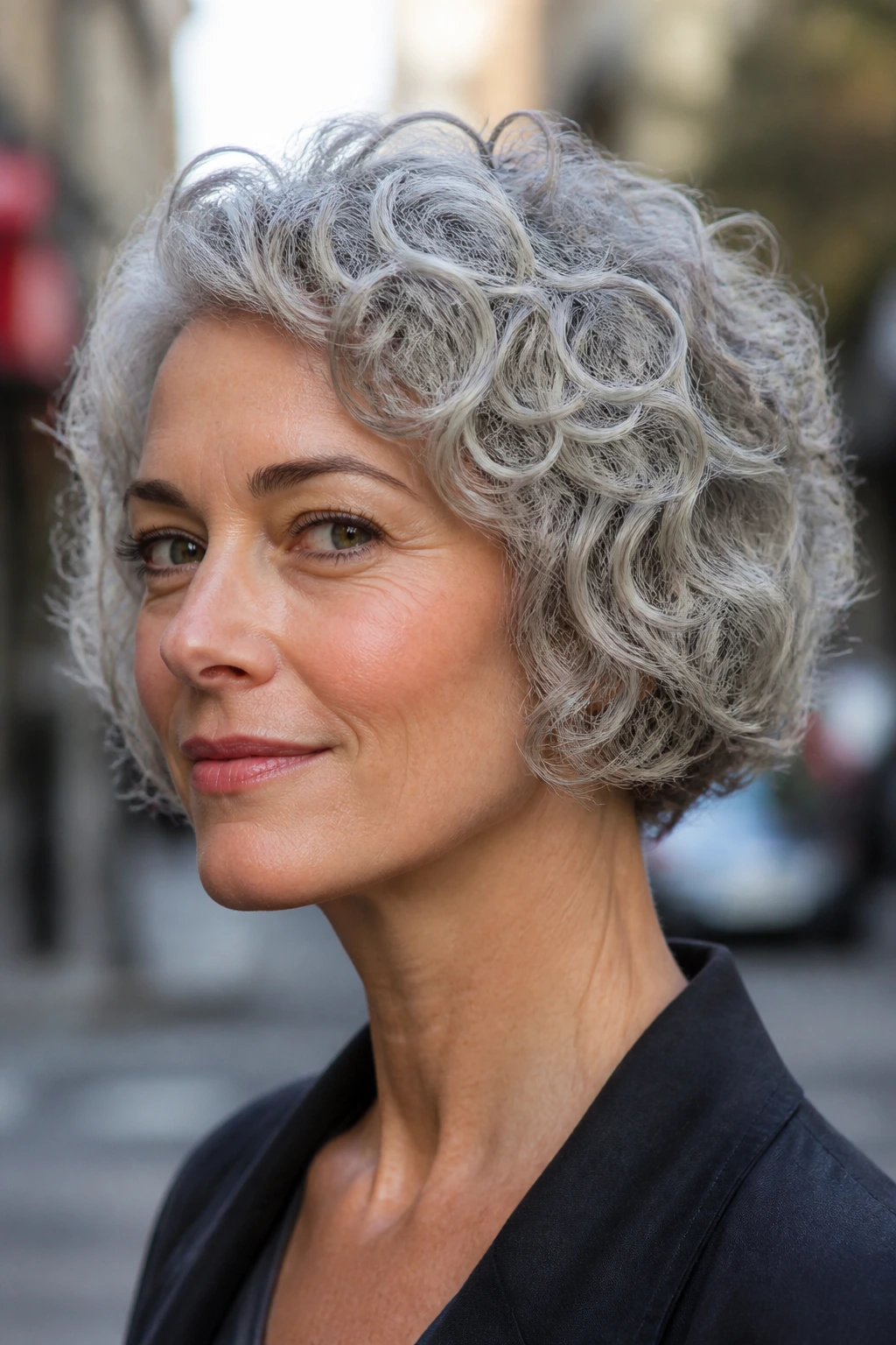 Portrait of a real woman with granite gray bob outdoors