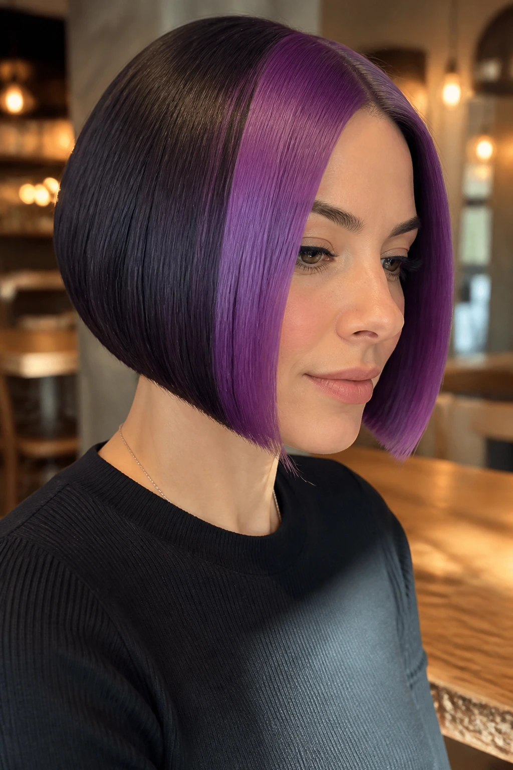 Close-up of a real woman with a grape color block bob against a dark base