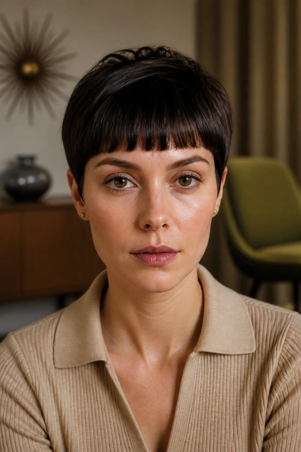 Close-up of a real woman with graphic-bang pixie hairstyle in mid-century setting.
