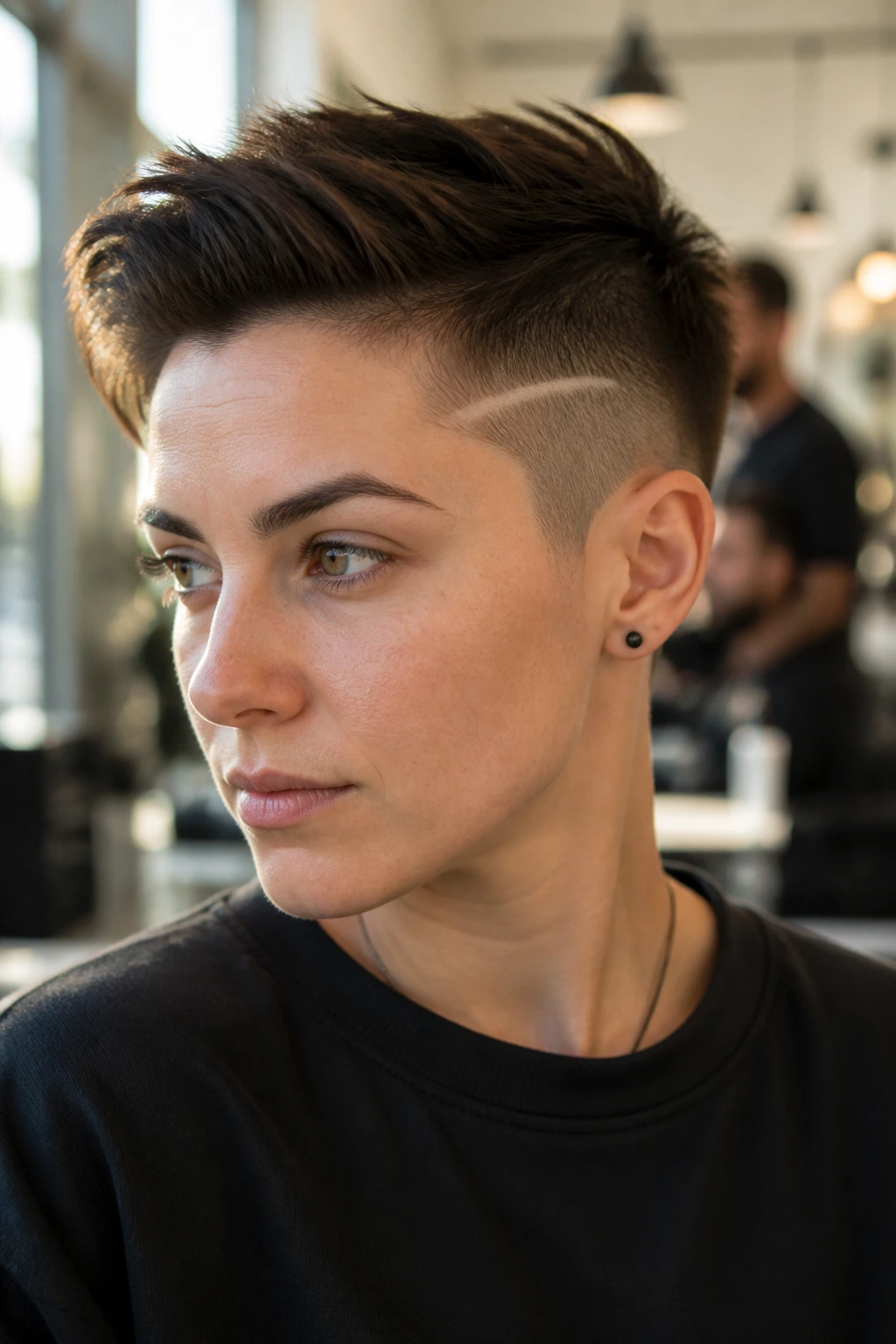 Close-up portrait showing a graphic design undercut with a single shaved line at the temple