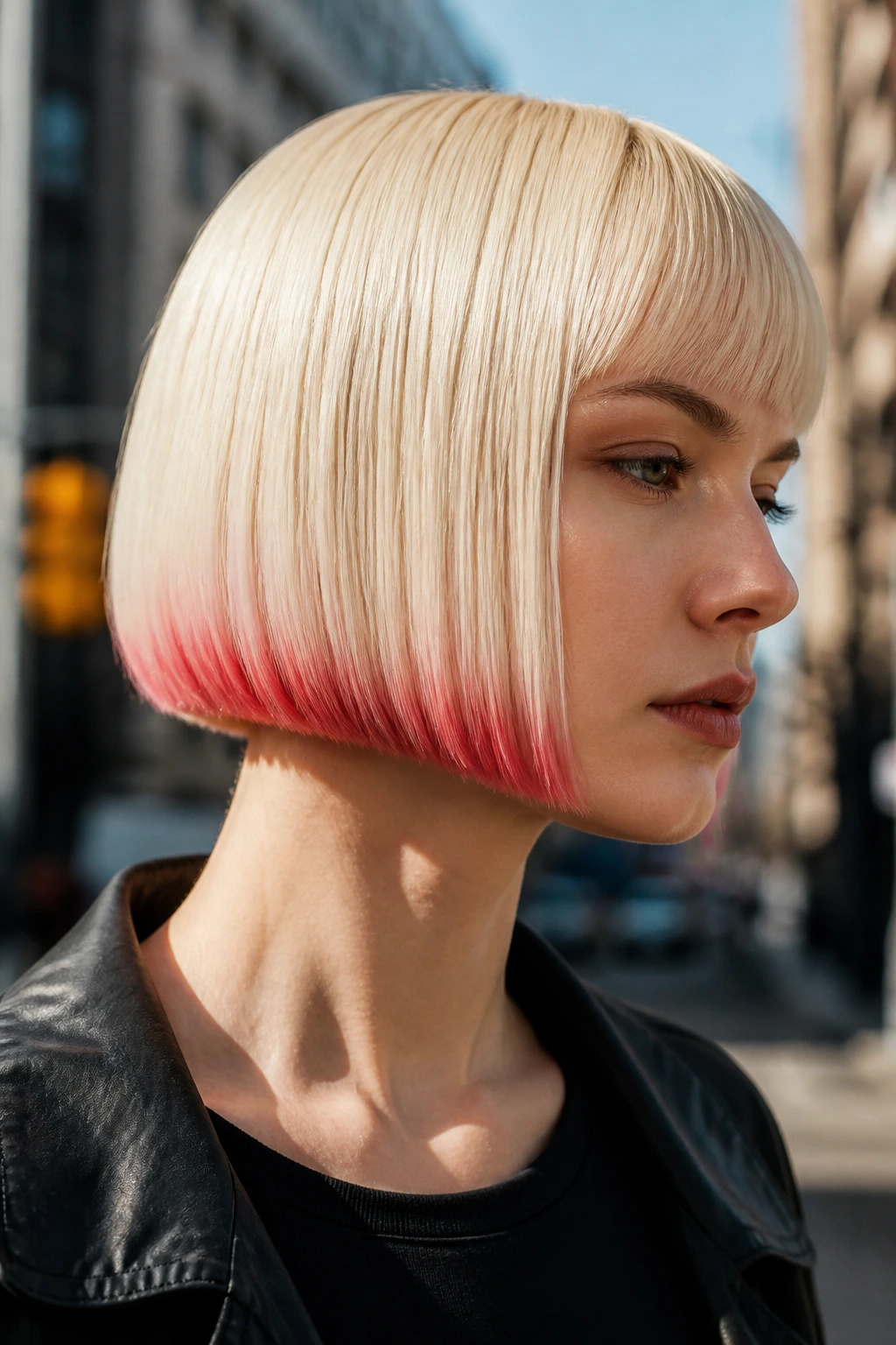 Portrait of a real person with a platinum graphic pageboy and bold color framing the jaw