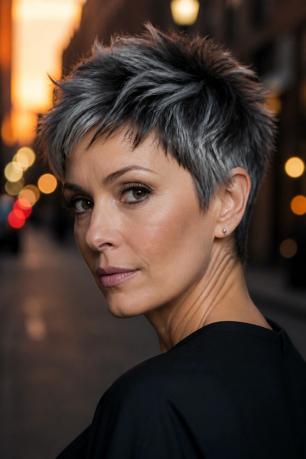 Close-up of a real woman with a razor pixie and silver ends in urban golden hour light