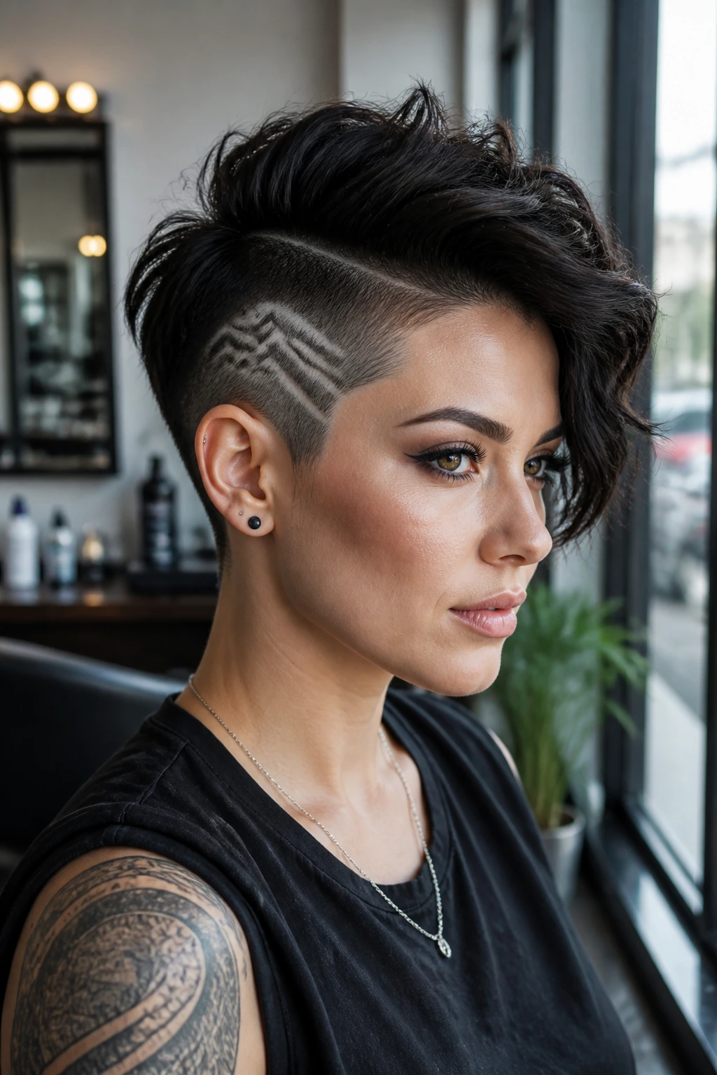 Close-up portrait of a real woman with bold geometric shaved undercut lines in a salon