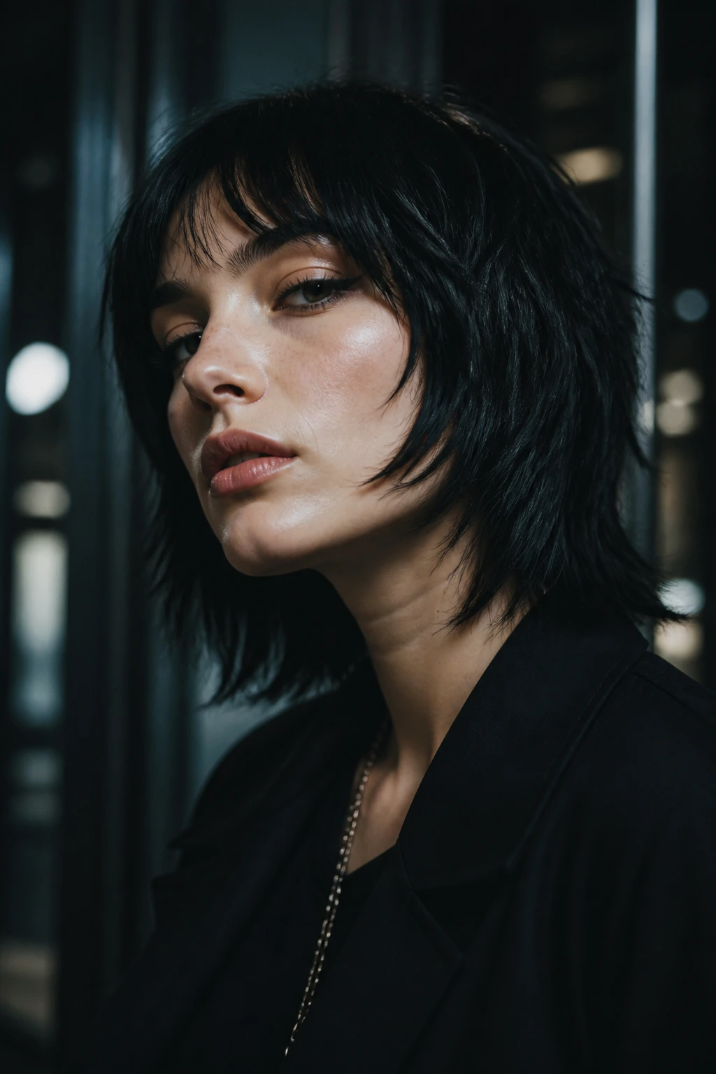 Close-up portrait of a real person with Graphical Black Shag, sharp ends and bold silhouette.