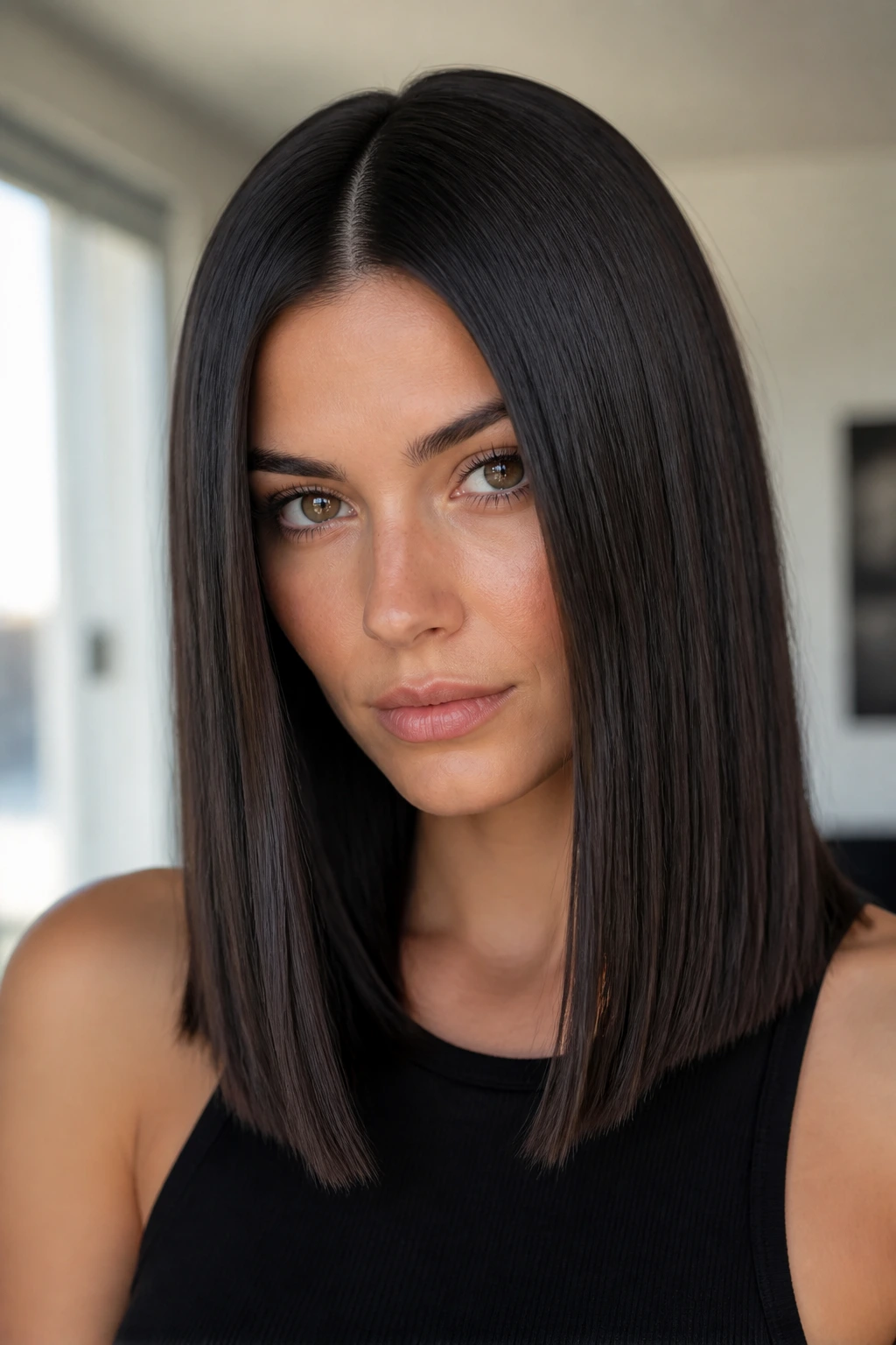 Close-up portrait of a real woman with graphite brown straight hair and a sleek blunt cut