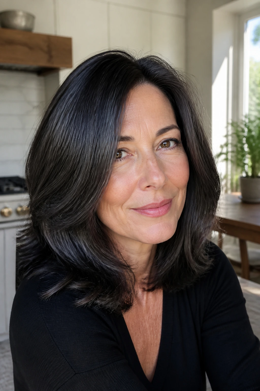 Close-up of a real woman with shoulder-length near-black hair showing graphite gloss