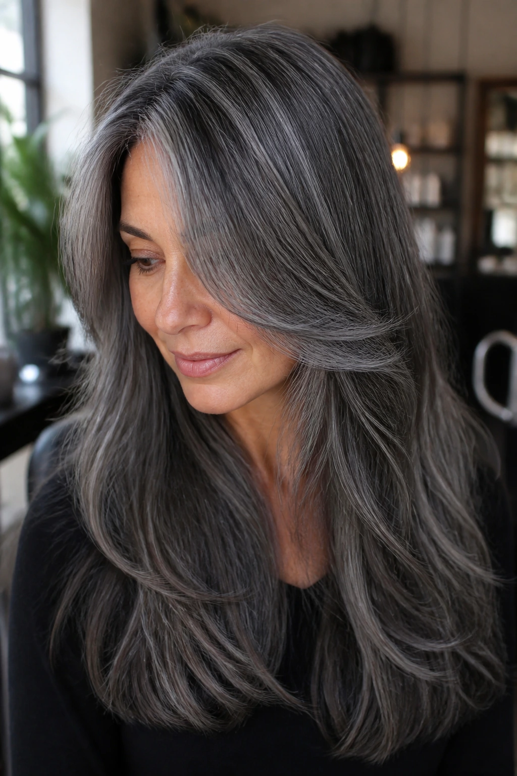 Close-up of a woman with graphite gloss on long layered hair, smoky silver tones.