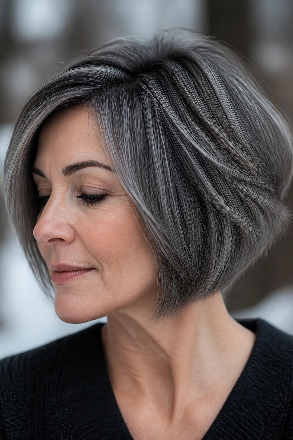 Portrait showing graphite gray blend on a layered bob with cool winter light