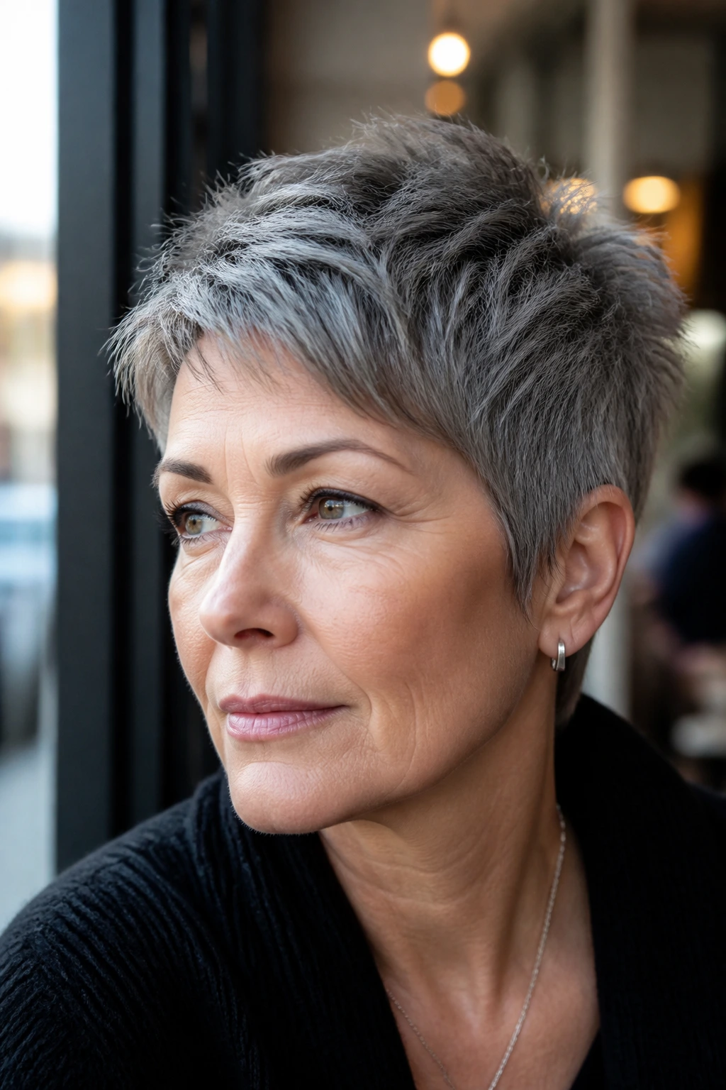 Woman with cool graphite gray hair in a short pixie cut outdoors near a cafe