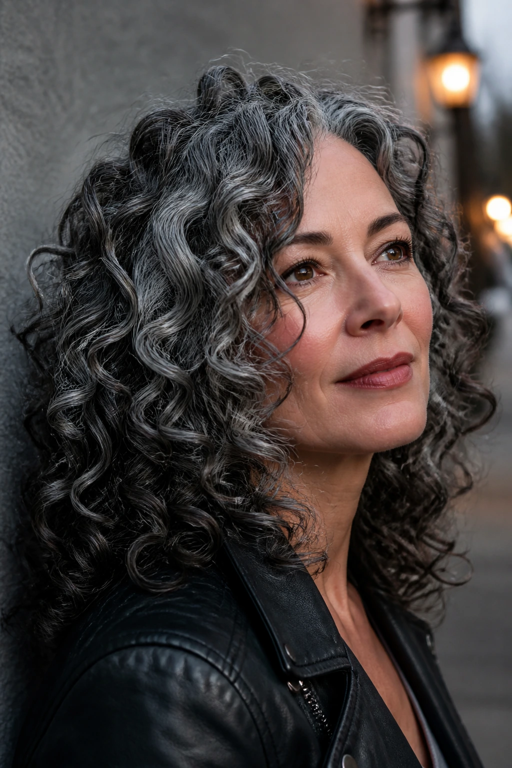 Close-up of real woman with graphite lowlights in curly hair against a soft gray wall