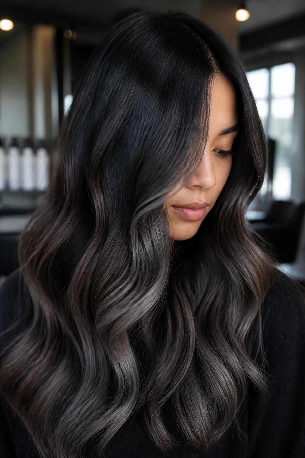 Close-up real woman hair with soft black to graphite melt in a salon