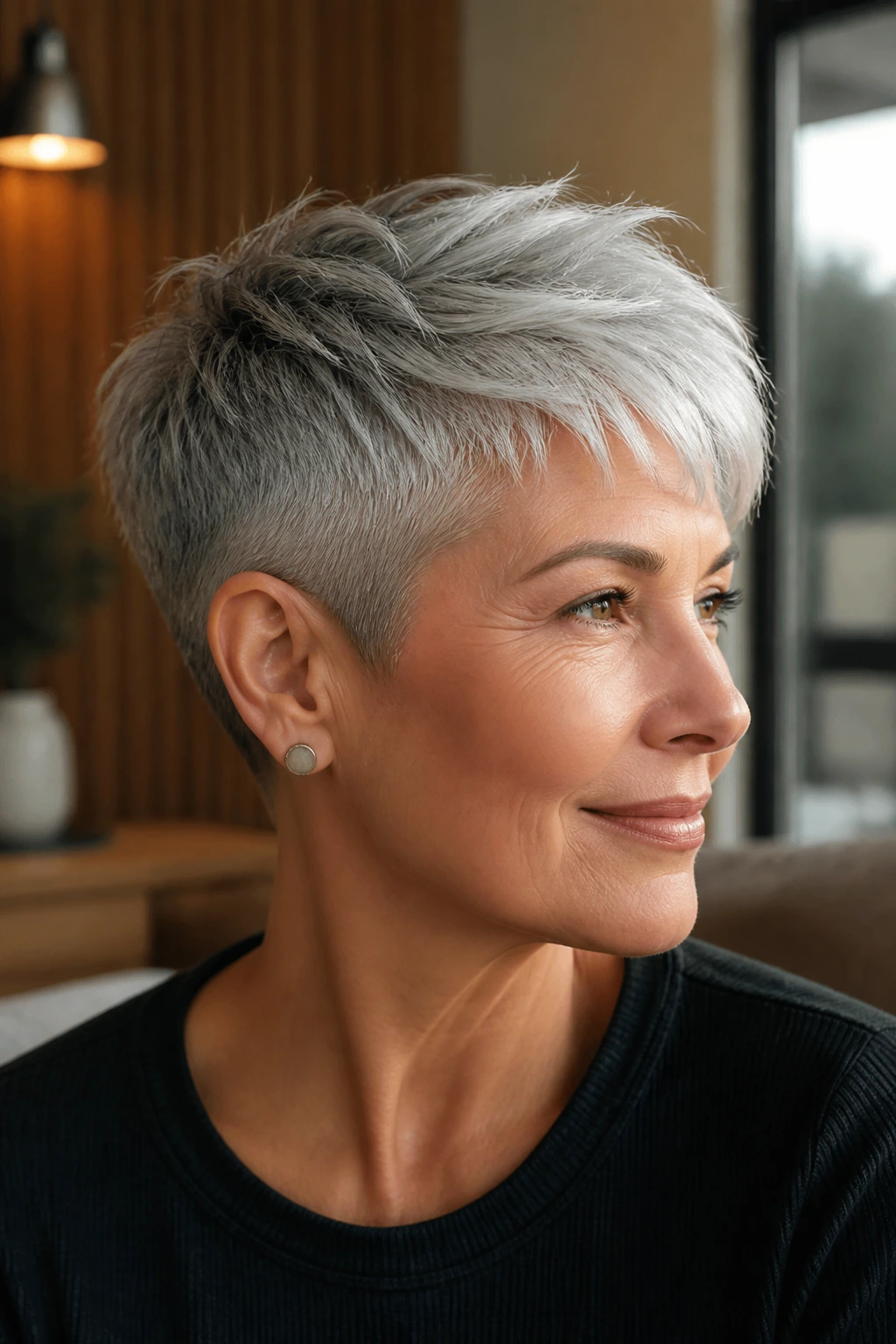 Portrait of a real person with graphite-to-pearl pixie fade in a modern interior