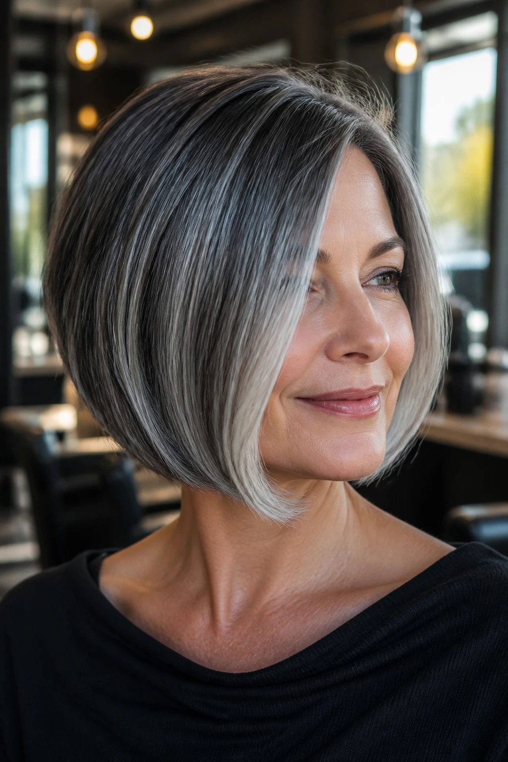 Close-up portrait of a real person with a graphite and silver smoke bob featuring a dark base and silver ribbons.