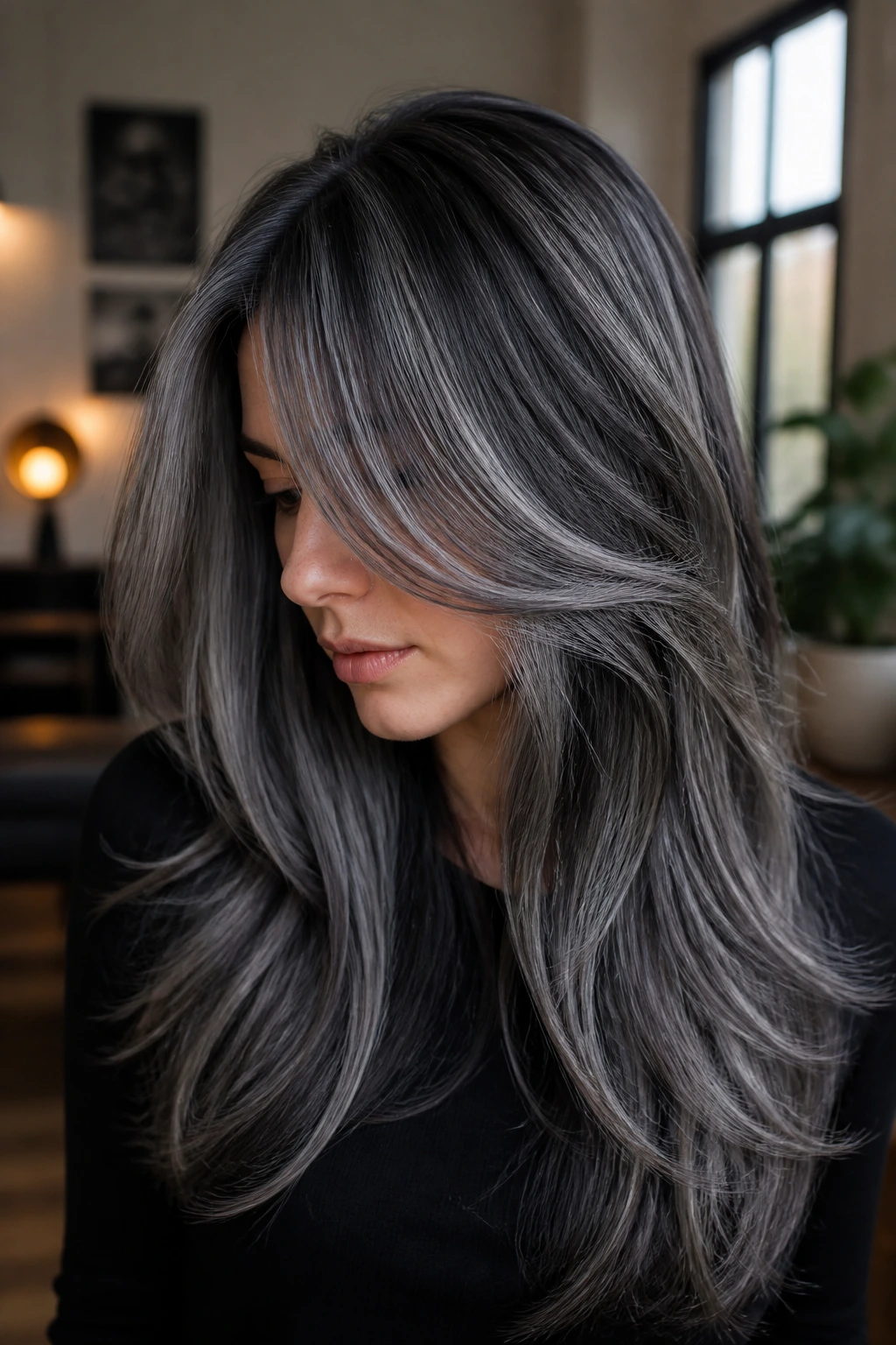 Portrait of a woman with graphite silver hair and charcoal lowlights