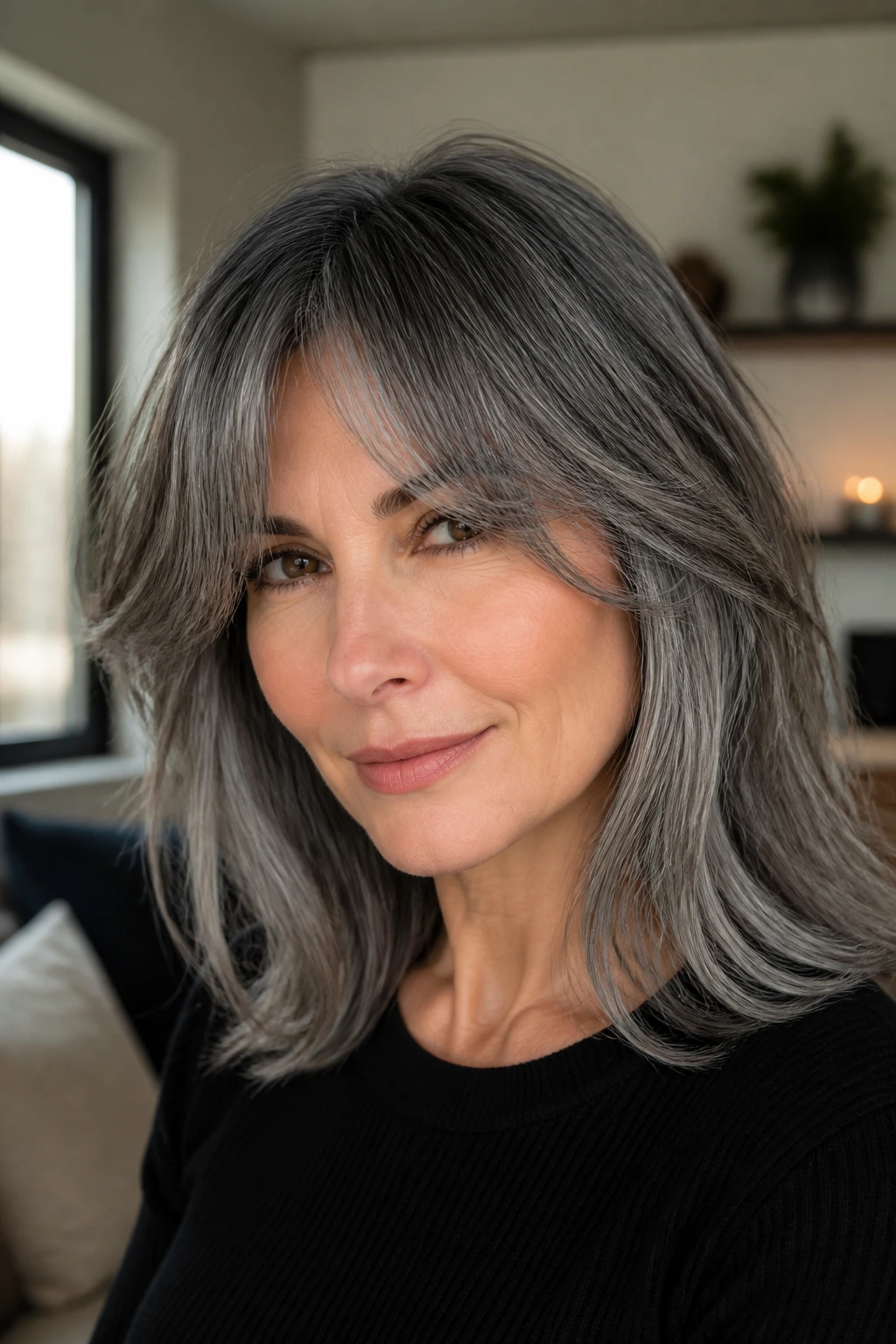 Portrait of a real person with graphite silver hair and soft curtain bangs.