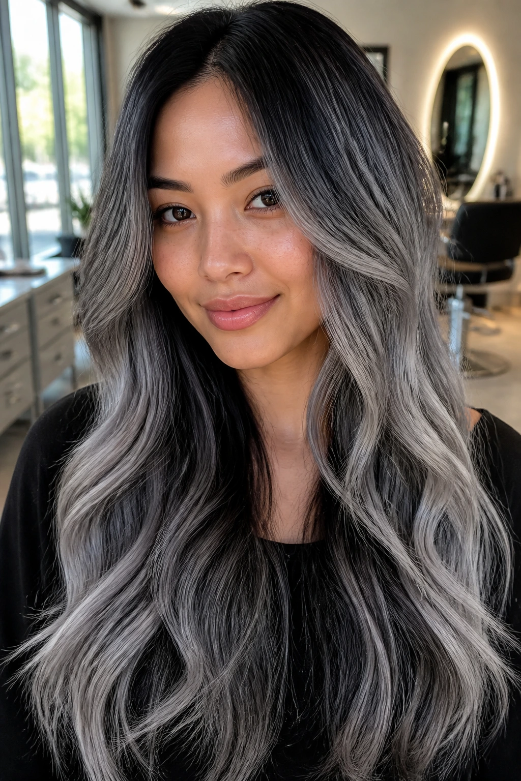 Real woman with graphite-to-silver ombré hair in a close-up portrait