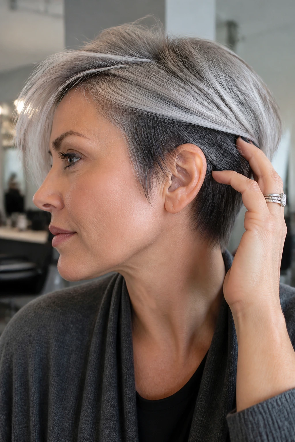 Close-up of a real person with short hair showing graphite underlights