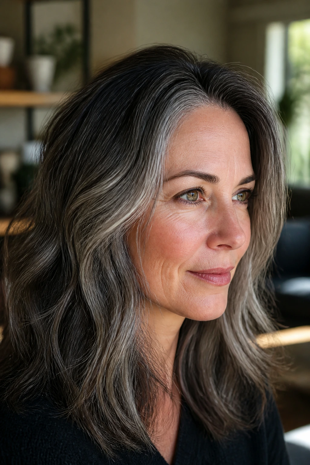 Close-up of a real woman with gray-blending salt-and-pepper balayage and silver-gray tones