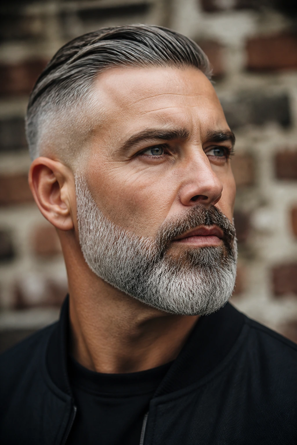 Close-up of man with gray beard and sharp outline against brick backdrop.