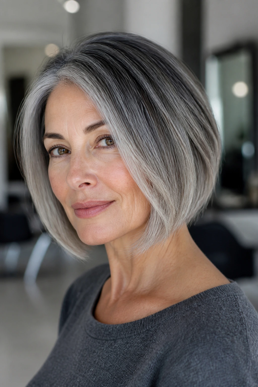 Gray-Blend Ombre on salt-and-pepper bob close-up portrait