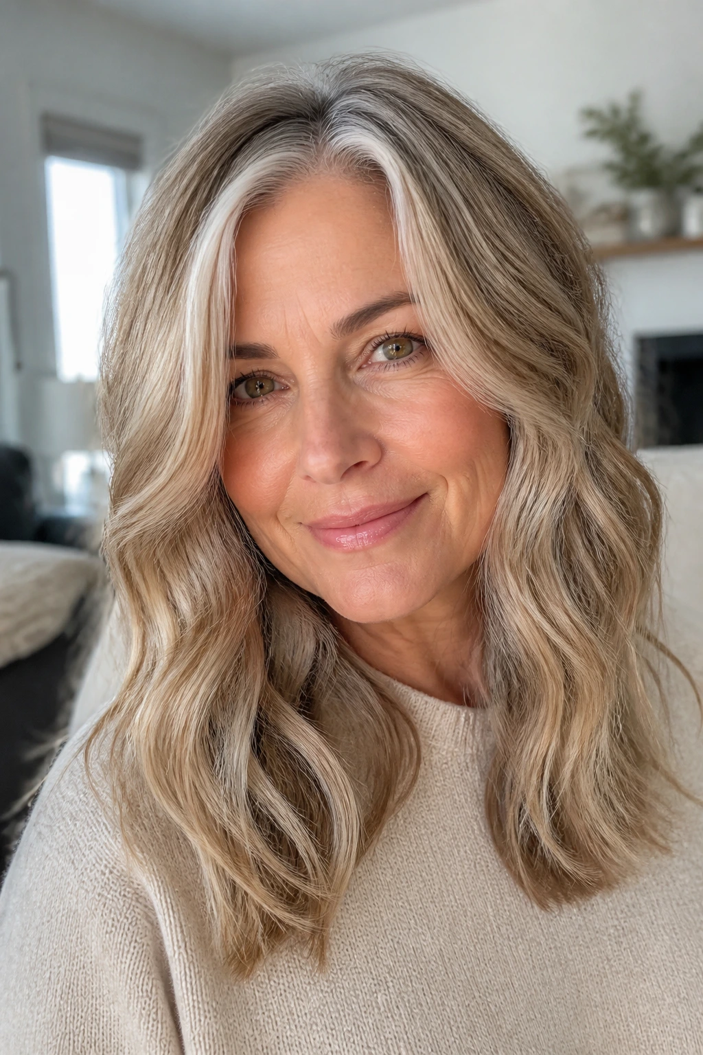 Close-up of a real woman with gray-blending blonde hair