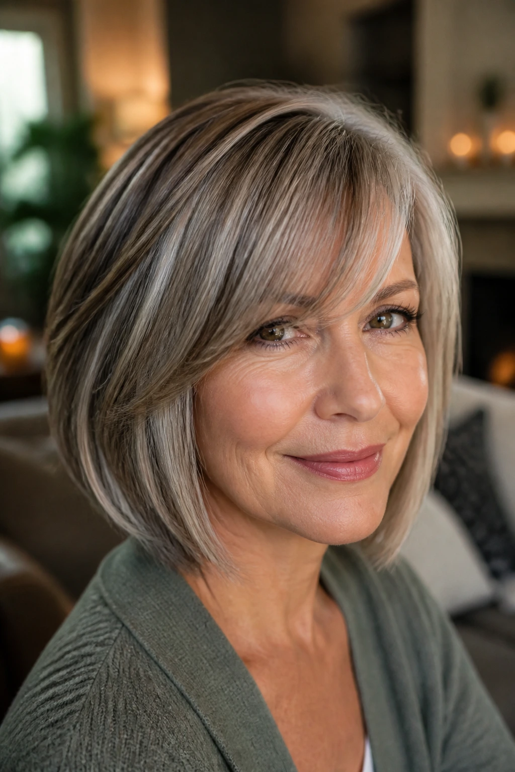 Portrait of a woman with a gray-blending bob and dimensional highlights.