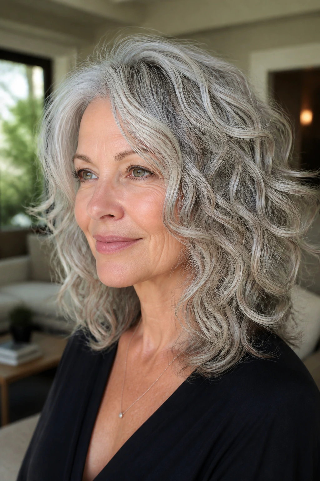 Close-up of a real woman with gray-blending layered mid-length curls