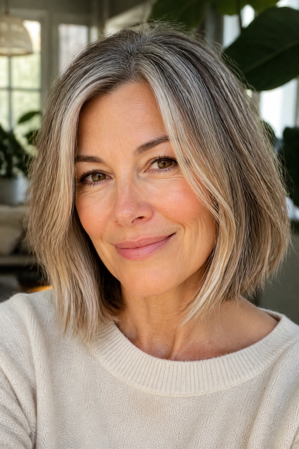 Close-up portrait of a real woman with gray-blending lob and babylights around the face.