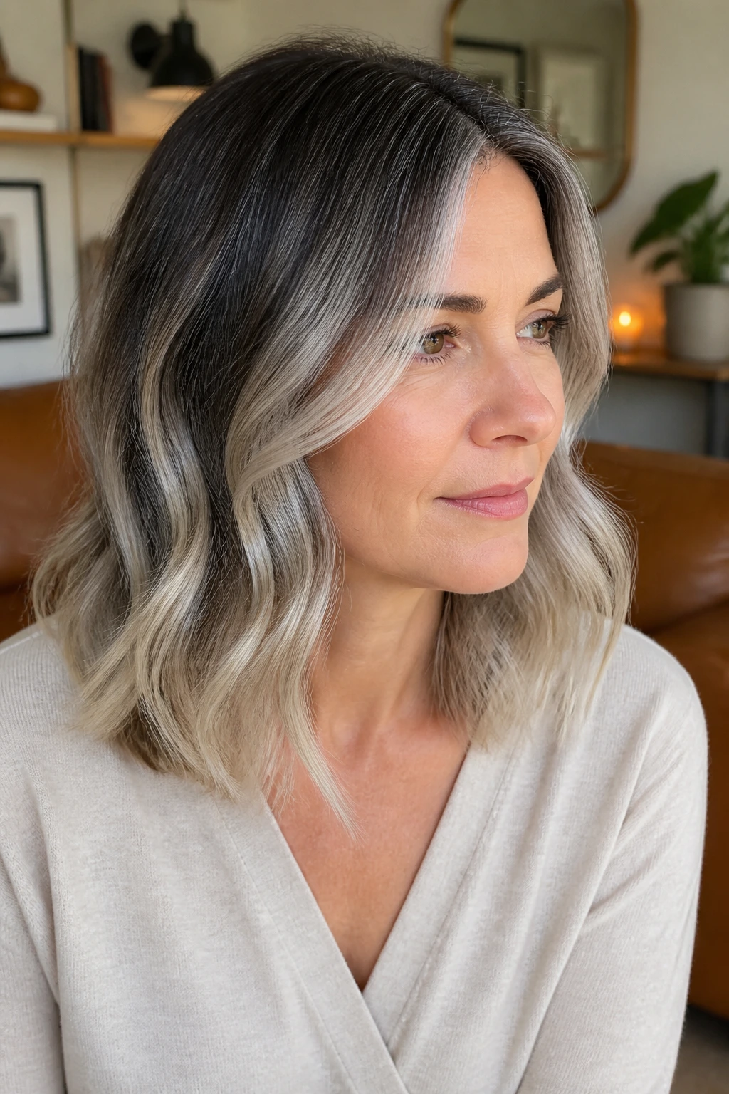 Close-up of real woman with gray blending ombre on shoulder-length hair, dimensional roots and silver ends