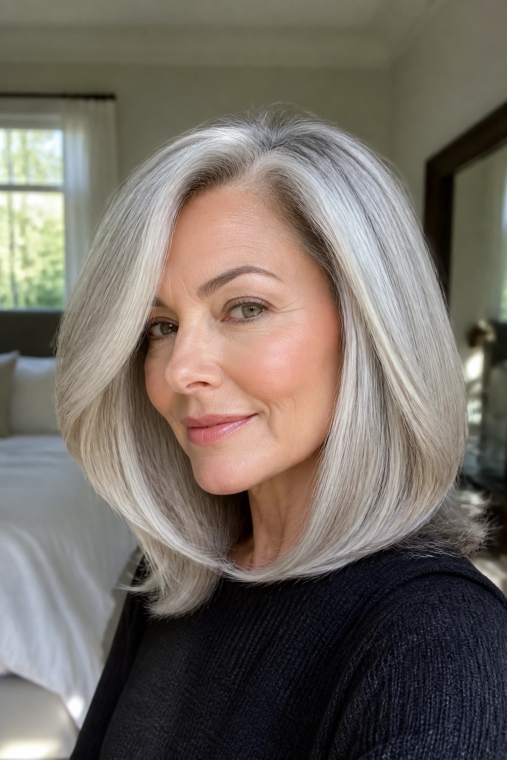 Close-up of a woman with a glossy shoulder-length gray blowout