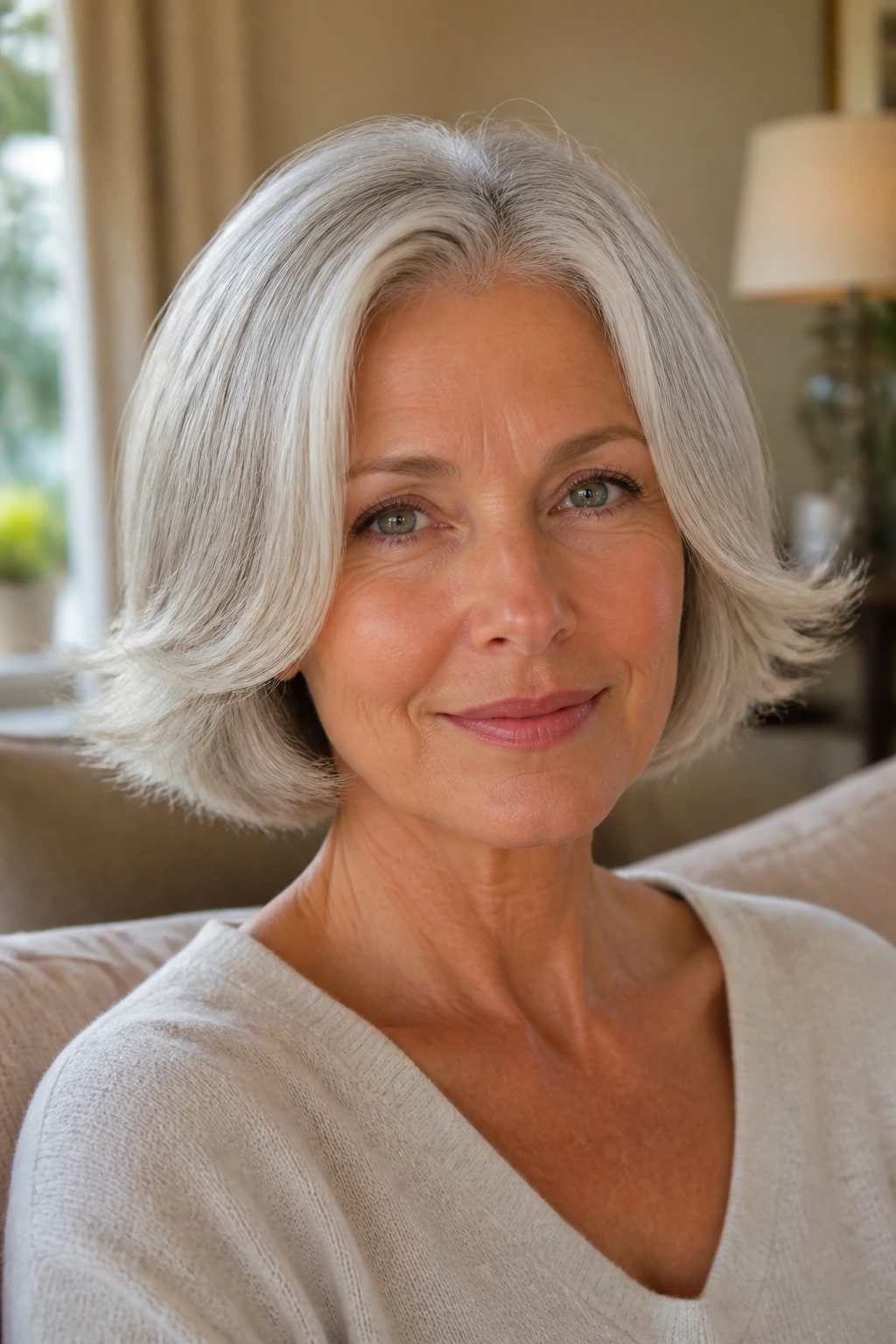 Close-up portrait of a real woman with a soft flip-out bob