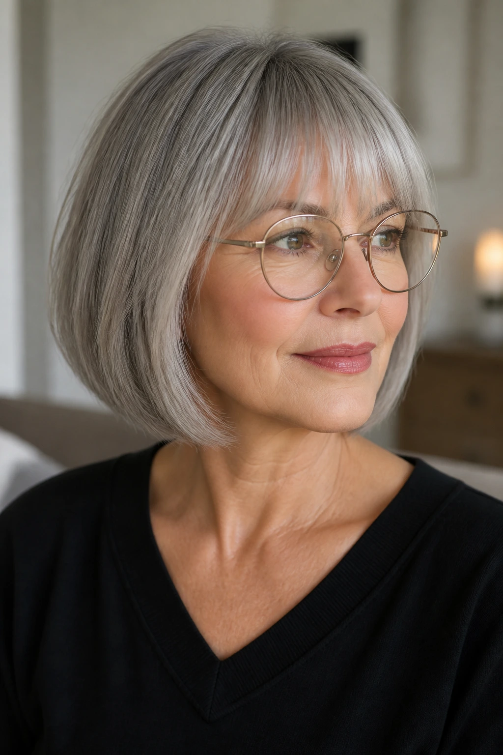 Woman with gray bob and glasses in soft interior light