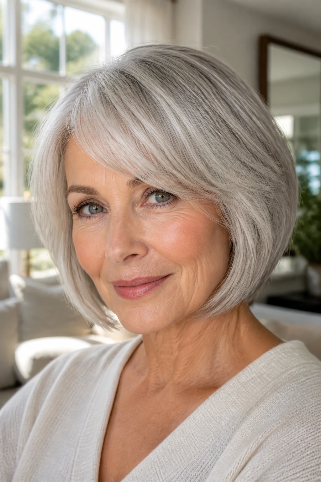 Close-up portrait of a real woman with a soft layered gray bob hugging the jaw.