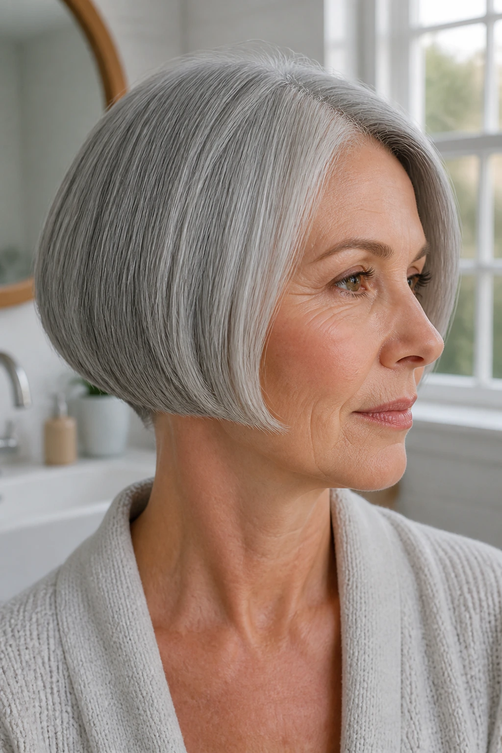 Close-up portrait of a real woman with crisp gray bob and clean nape in modern bathroom.